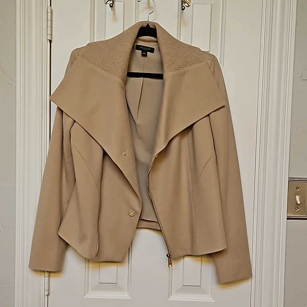 Ann Taylor Asymmetrical Zip Wool Blend Moto Jacket, sz 6, tan - Picture 5 of 6
